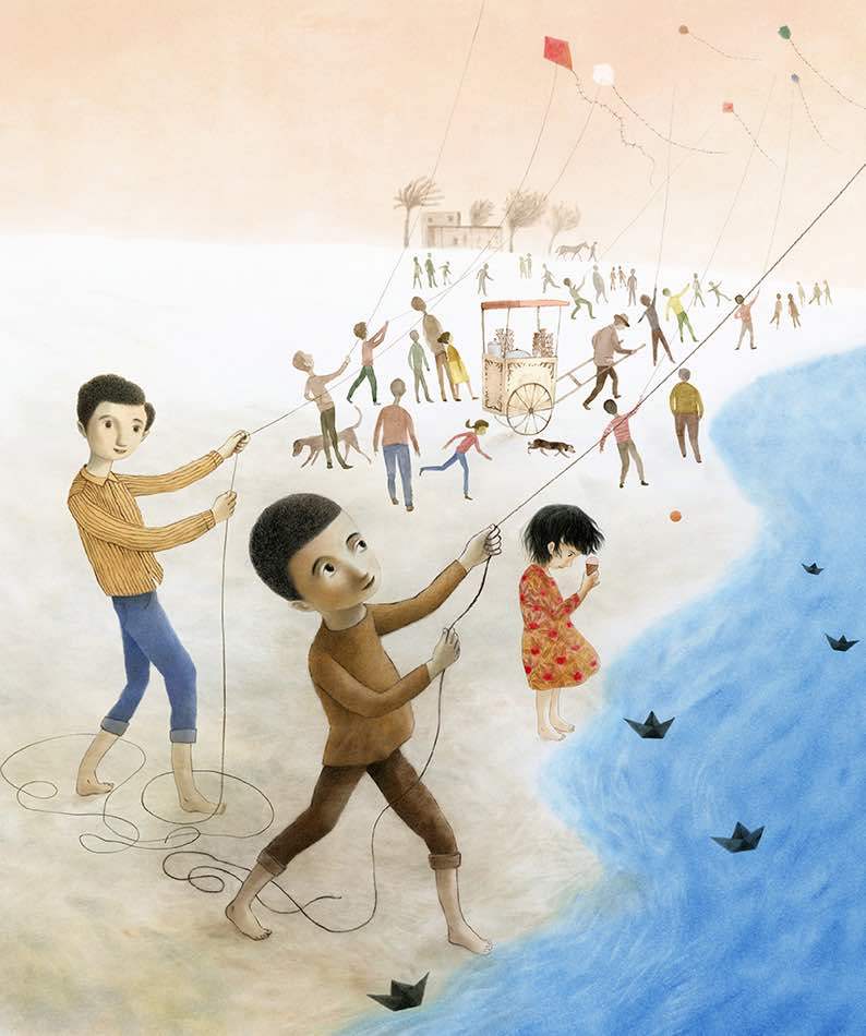 Akin Duzakin Illustration - Kids flying kites on the beach
