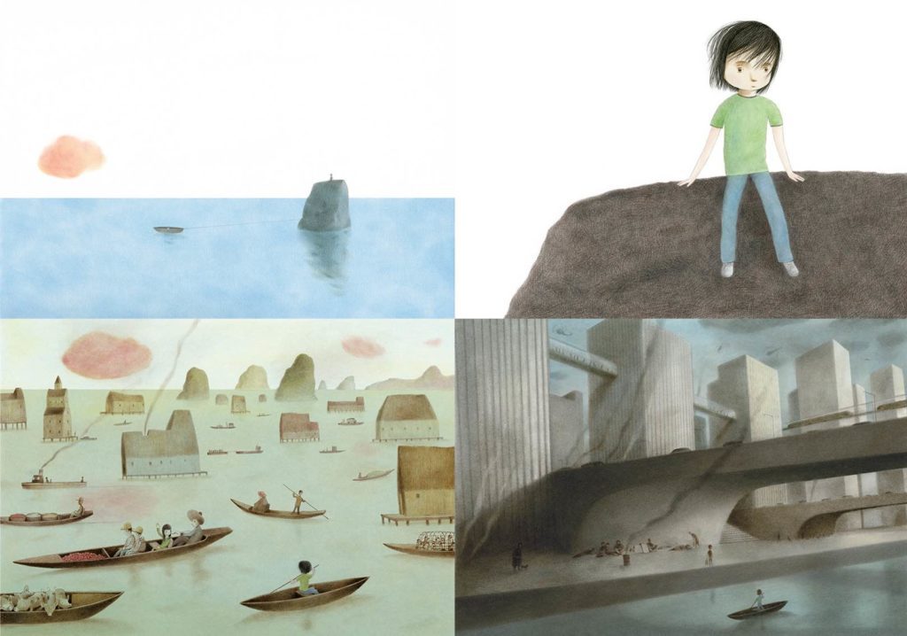 Akin Duzakin Illustration - Four Pictures, The Sea, The Waterway, Boats and The Kid Sitting on a Rock