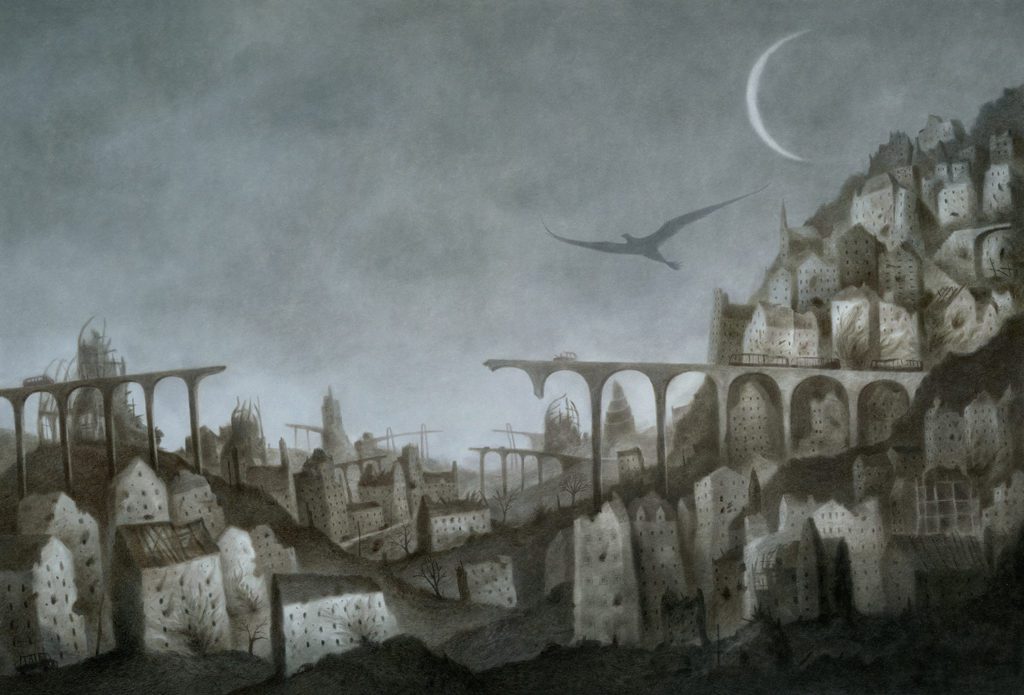 Akin Duzakin Illustration - New moon over the city and the bird flying
