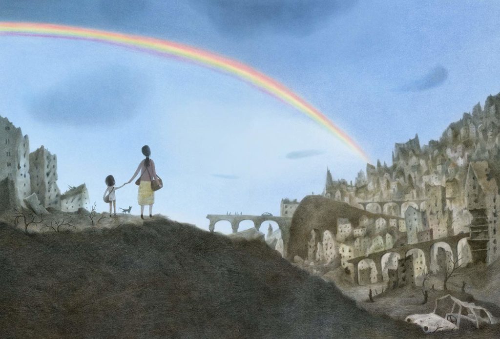Akin Duzakin Illustration - Rainbow over the city, mom and kid holding hands