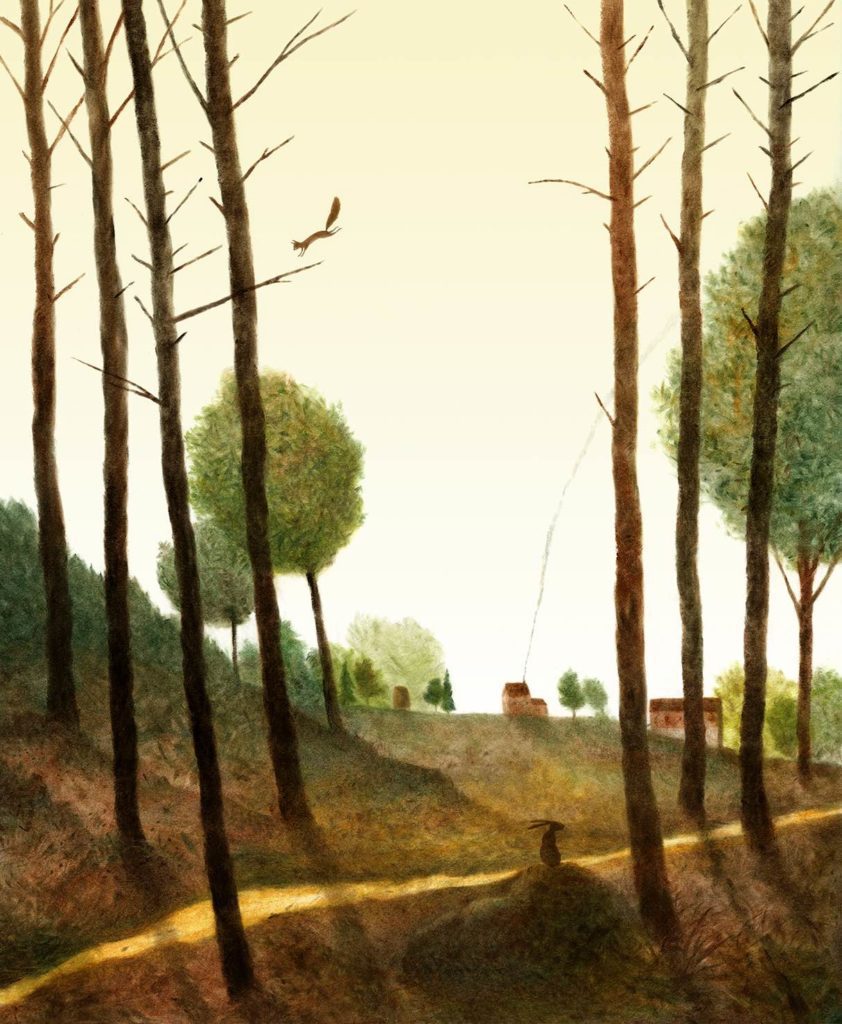 Akin Duzakin Illustration - The Forest with houses in the distance and rabbit